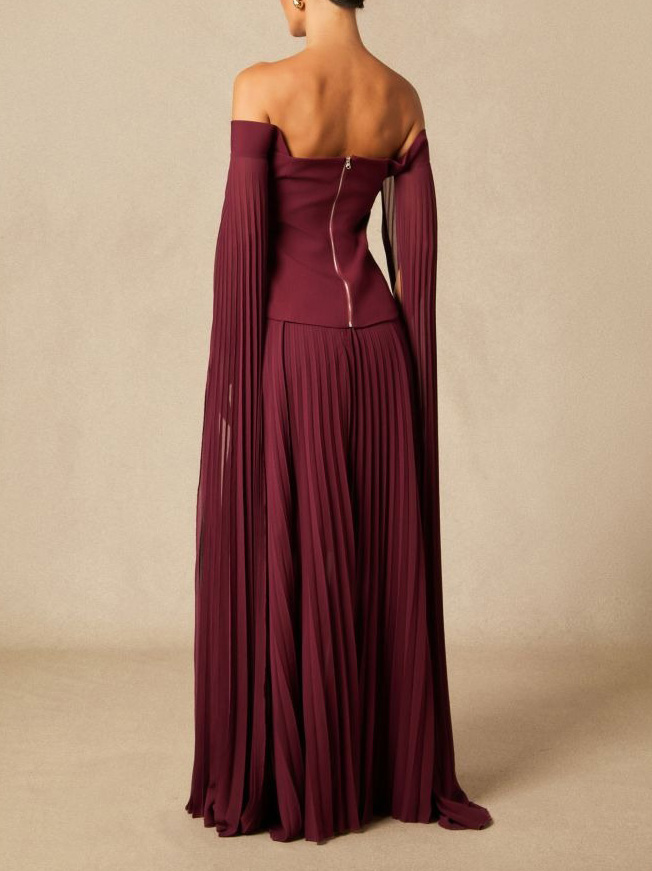 Elegant Off-shoulder Pleated Shawl Maxi Skirt Set