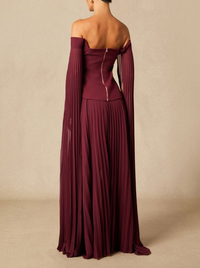 Elegant Off-shoulder Pleated Shawl Maxi Skirt Set