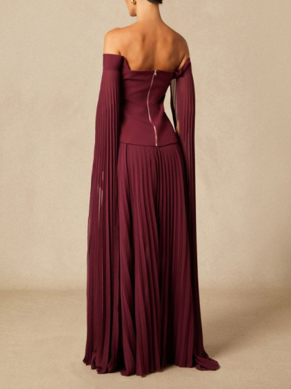 Elegant Off-shoulder Pleated Shawl Maxi Skirt Set