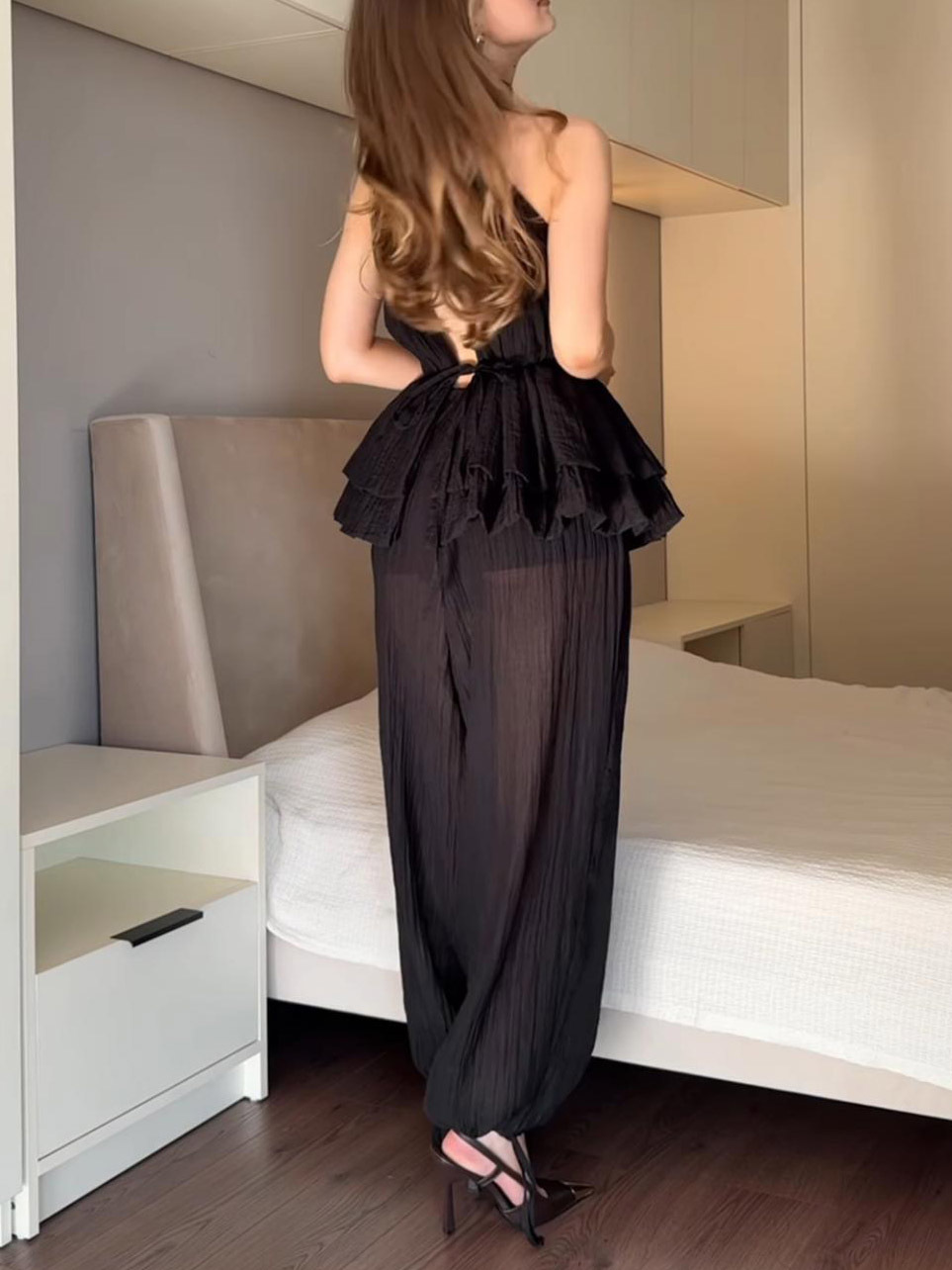 Elegant Ruffled Backless Top & Wide-Leg Pants Two-Piece Set