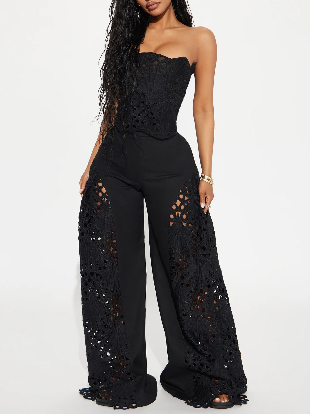 Lace Cutout Strapless Flare Pants Two-Piece Set