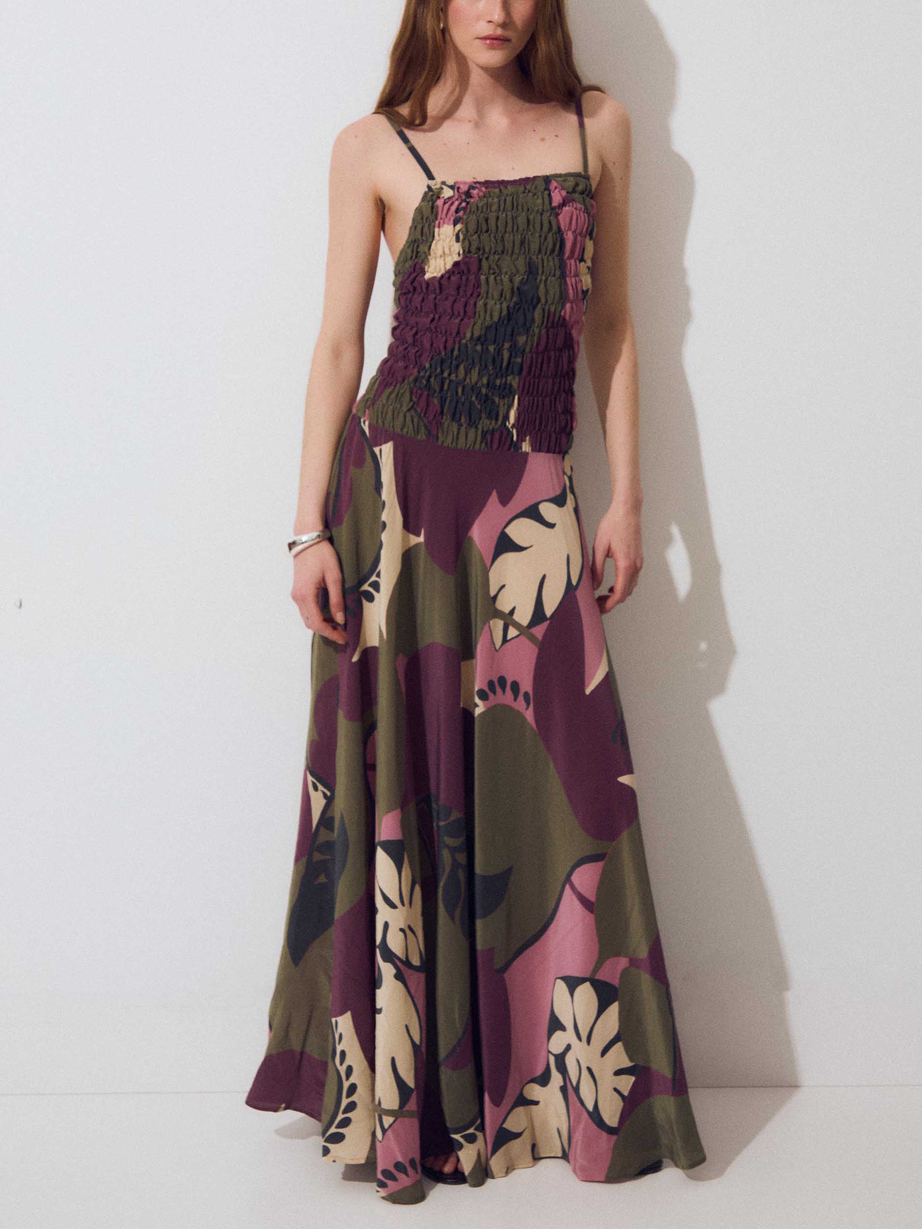 Smocked Bodice Tropical Leaf Print Spaghetti Strap Maxi Dress