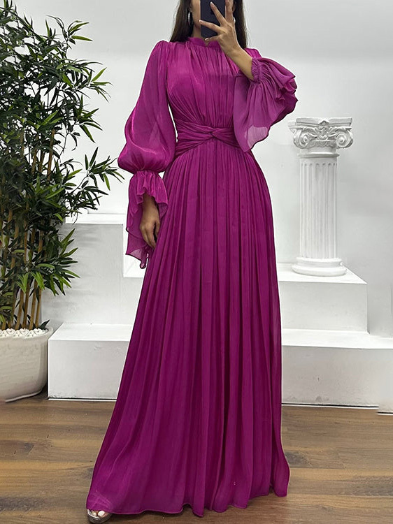 Elegant Pleated Flowy Long-Sleived Maxi Dress