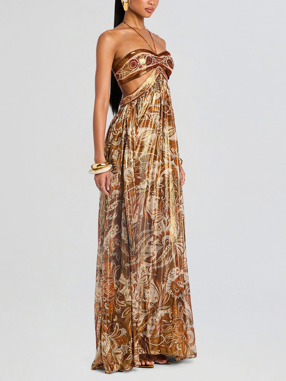 Elegant Hollow Print Halter Neck Backless Maxi Dress