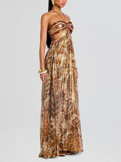 Elegant Hollow Print Halter Neck Backless Maxi Dress