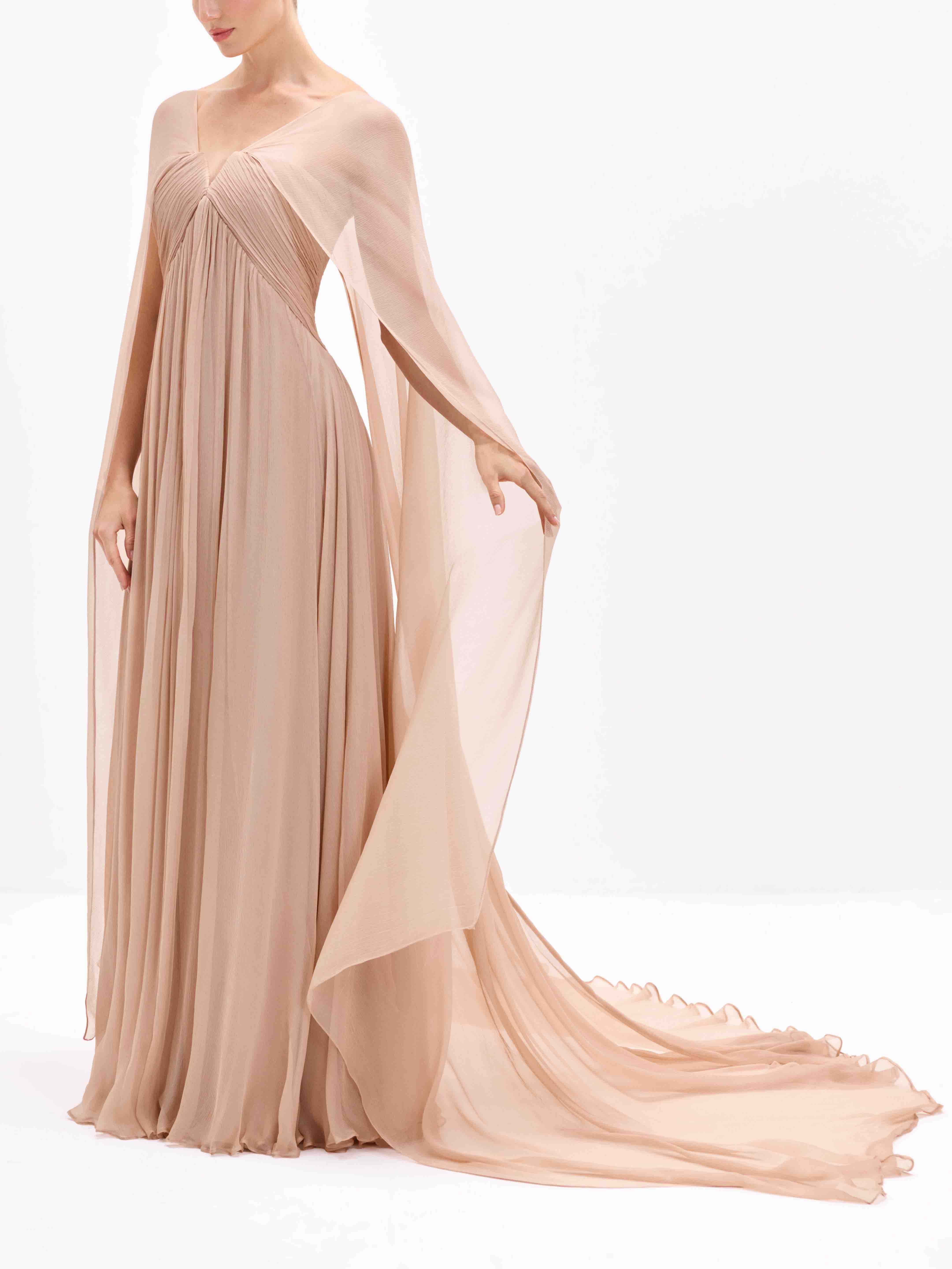 Elegant Draped V-Neck Sheer Cape Sleeve Sweep Train Maxi Dress