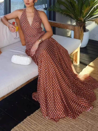 Chic Polka Dot Print V-Neck Halter Tie-Neck Maxi Dress