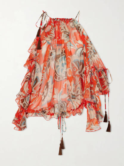 Modern Off-Shoulder Asymmetric Fringe Ruffle Printed Chiffon Blouse