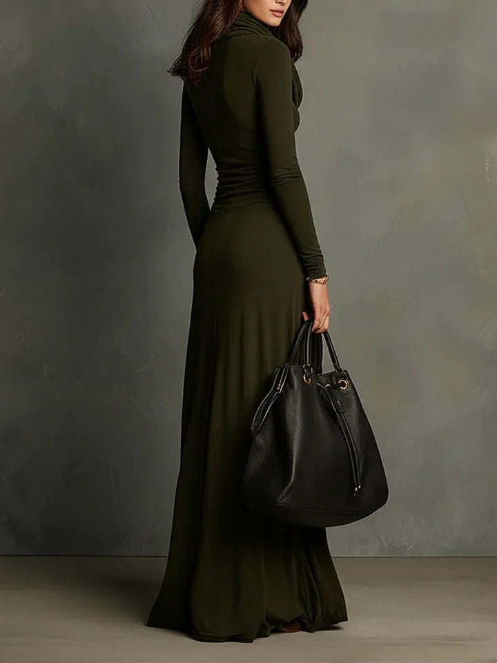 Elegant Olive-green Front Draped Maxi Dress