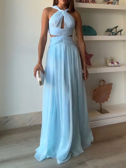 Elegant Halter Twist Front Cutout Pleated Maxi Dress