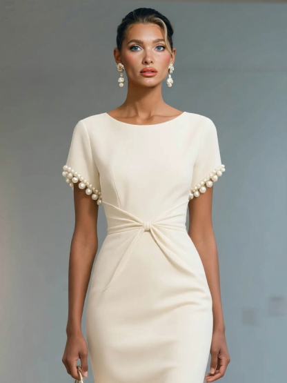 Elegant Pearl-Trim Short Sleeve Midi Dress