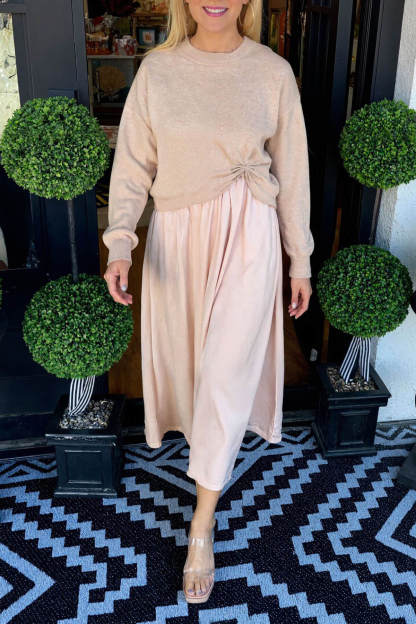 Fashion Knit Ruched Sweater and Satin Stretch Tank Midi Dress Two-piece Set