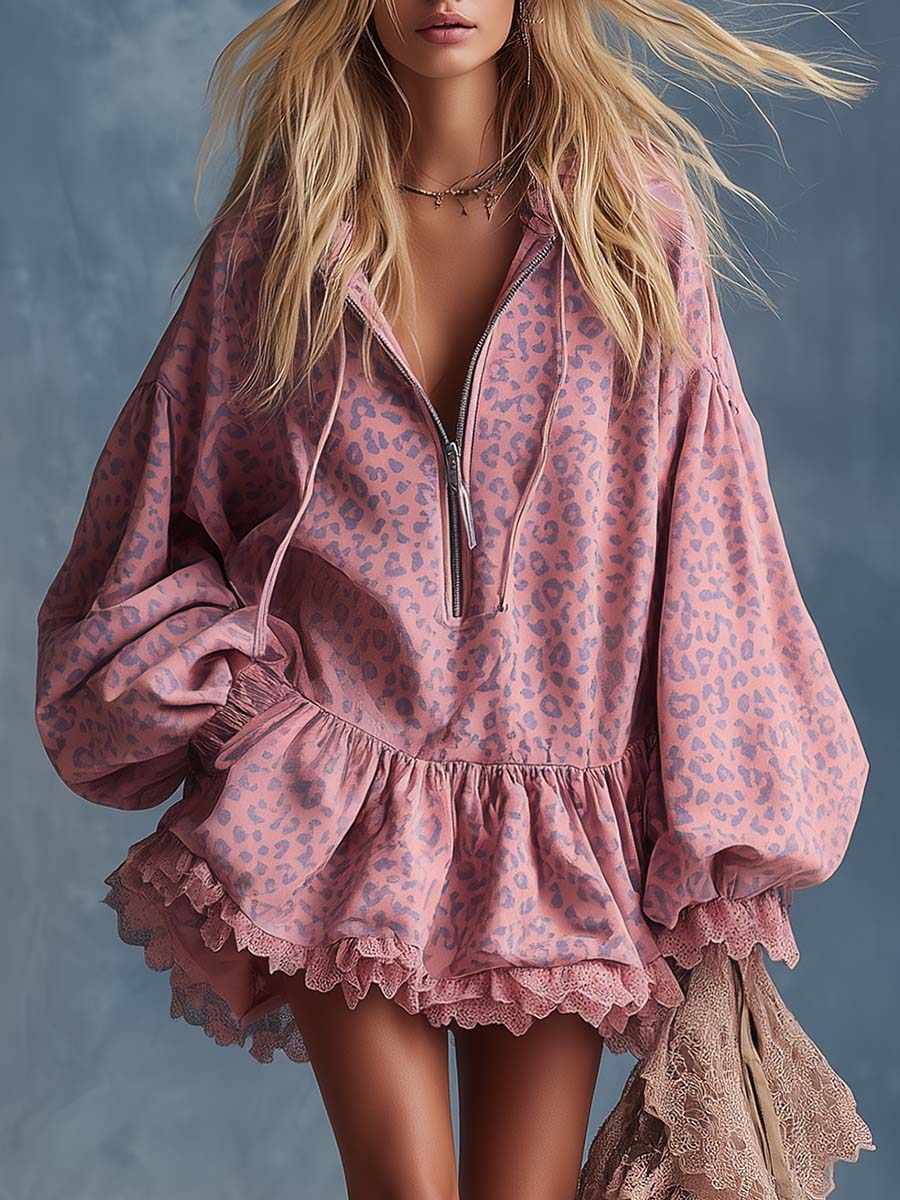 Elegant Hooded Front Zip Leopard Print Mini Dress