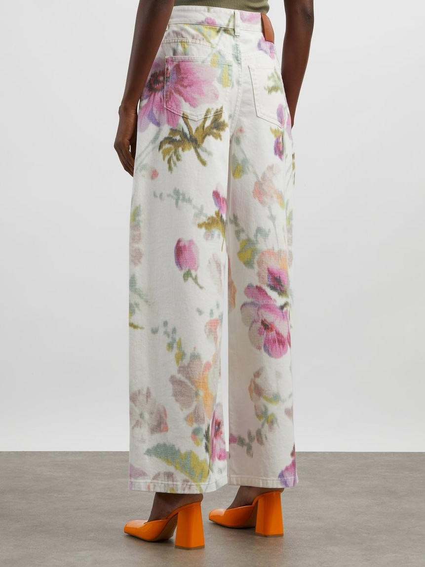 Elegant Neutral Floral Print Button-Down Pants