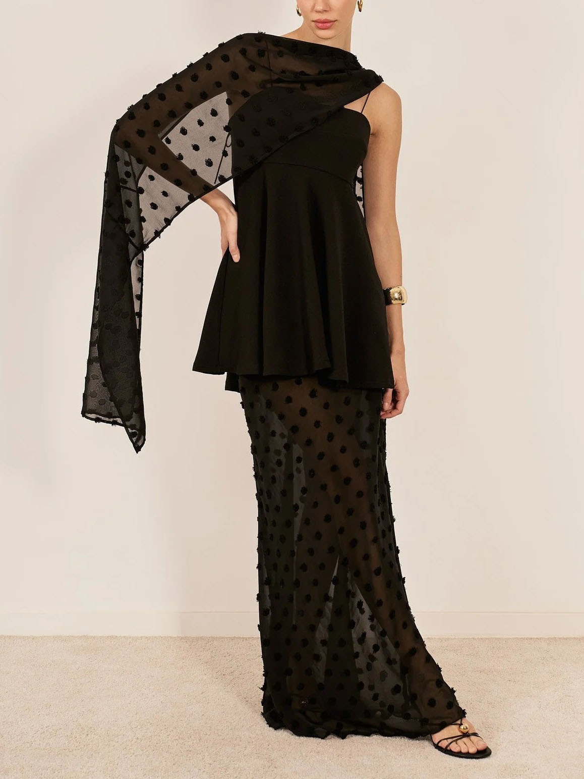 Elegant Polka-Dot Mesh Cape Two-Piece Maxi Dress