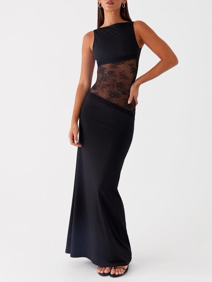 Elegant Sleeveless Boat Neck Black Lace Maxi Dress