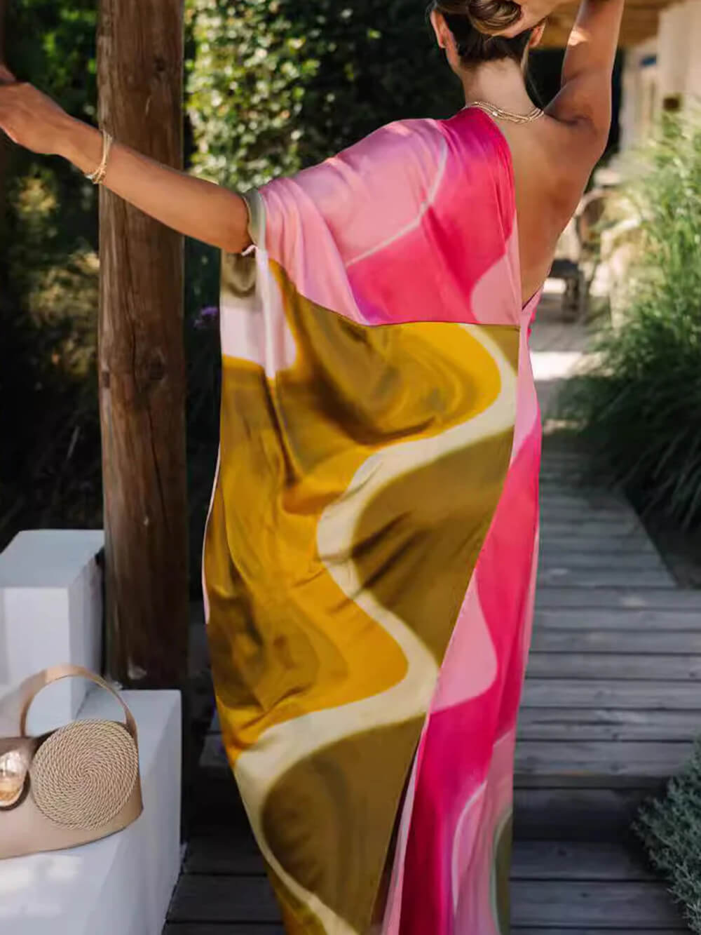 Elegant Satin Tie Dye Print One Shoulder Drape Vacation Maxi Dress