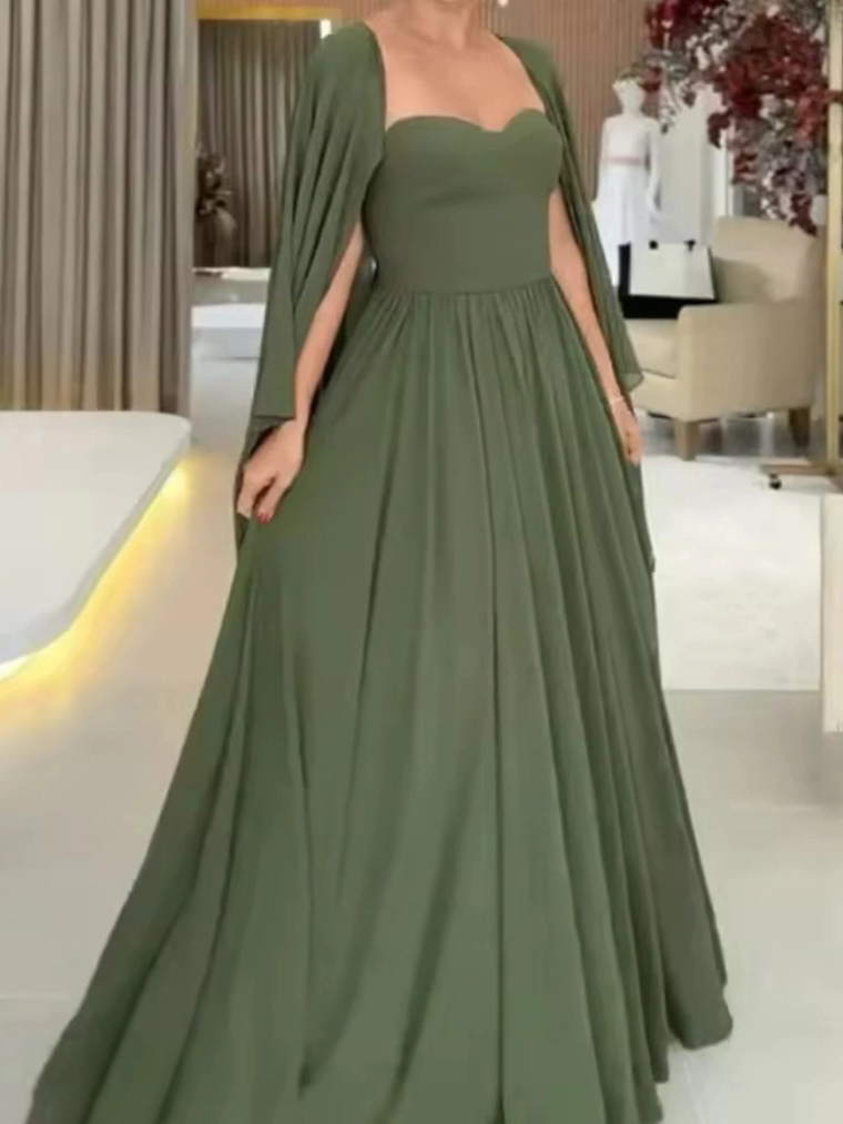 Elegant Asymmetric Sleeve Draped Chiffon Maxi Dress