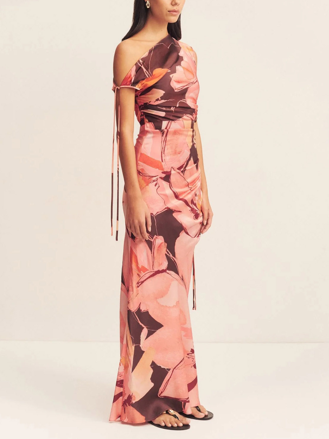 Elegant Asymmetric Floral Print Pleated One Shoulder Maxi Dress