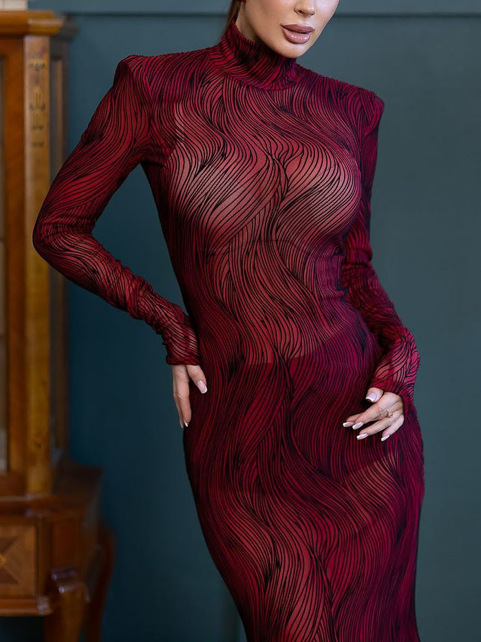 Elegant High-Neck Sheer Wave-Pattern Maxi Dress
