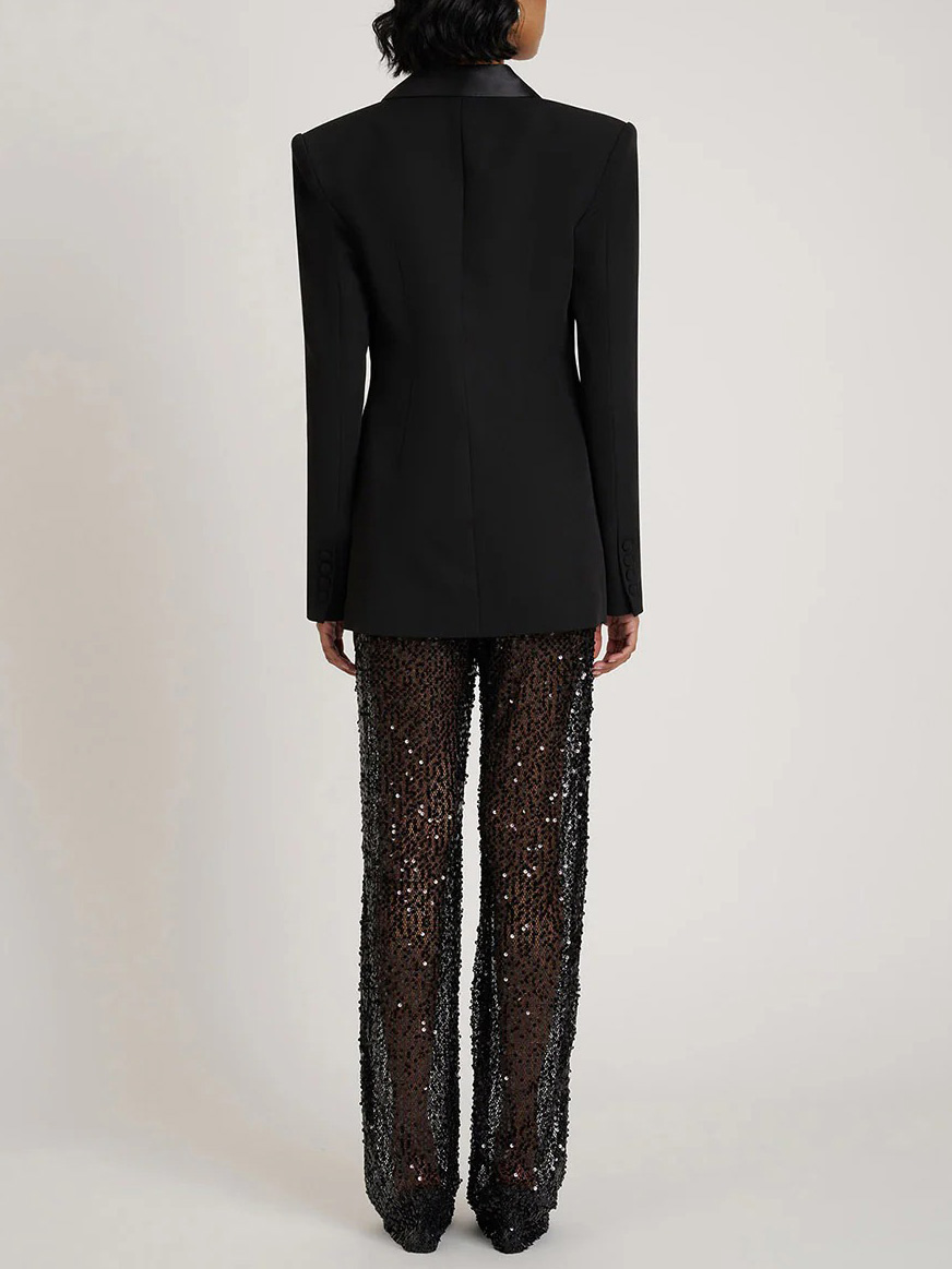 Elegant Satin Lapel Double-Breasted Blazer