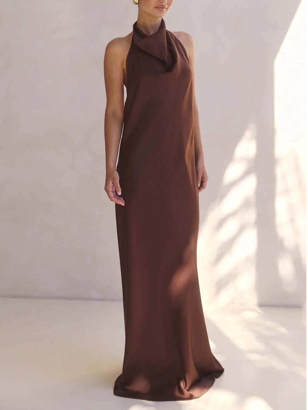 Elegant Halter Draped Neck Satin Backless Maxi Dress