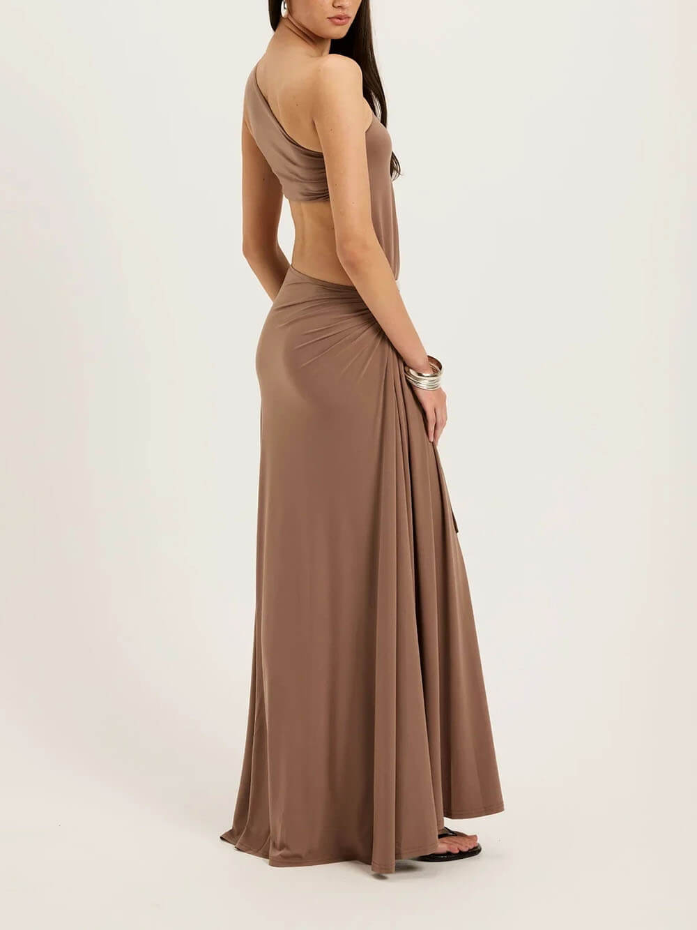 Elegant Asymmetrical One-Shoulder Draped High-Slit Maxi Dress