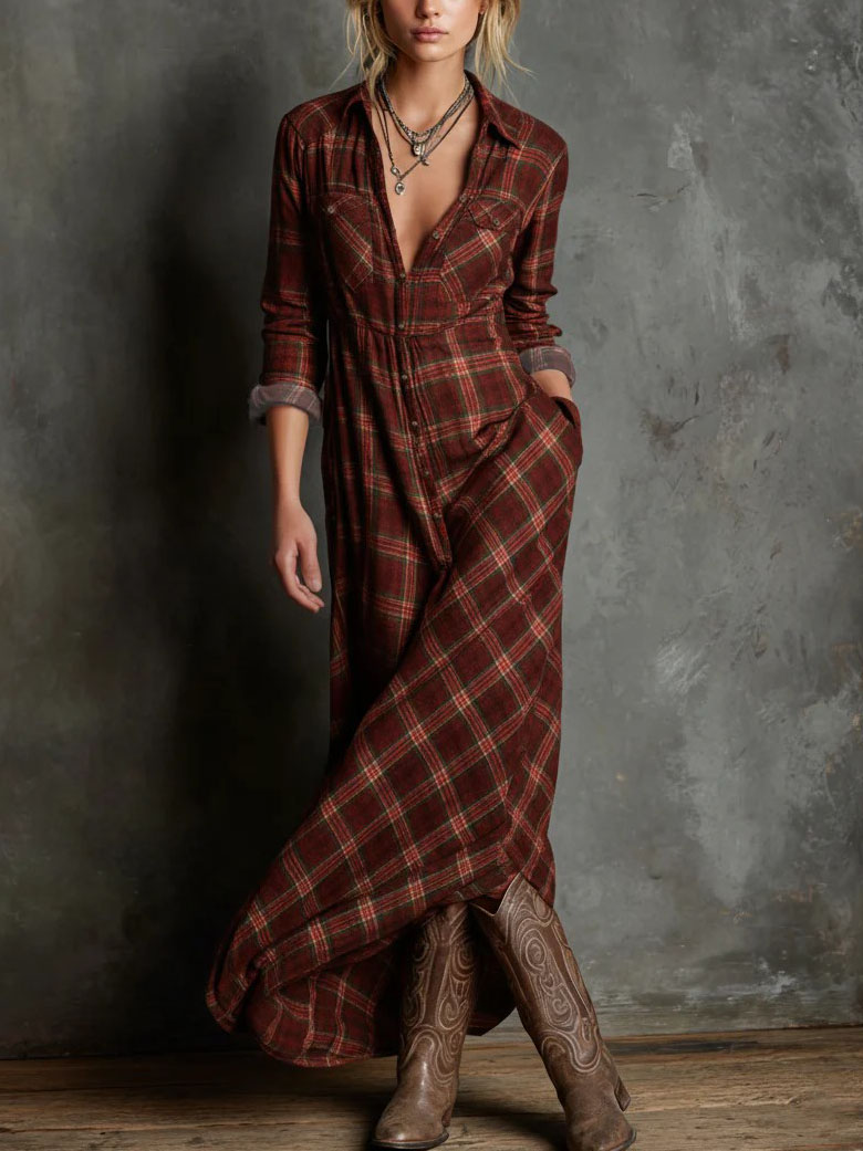 Retro Plaid Collared Single-breasted Shirt Dress