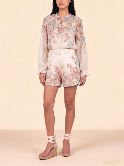 Exquisite Floral Print Long Sleeve Chiffon Shirt & Shorts Set