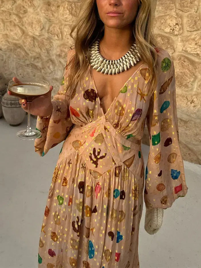 Exquisite Chiffon Shell Print Maxi Dress