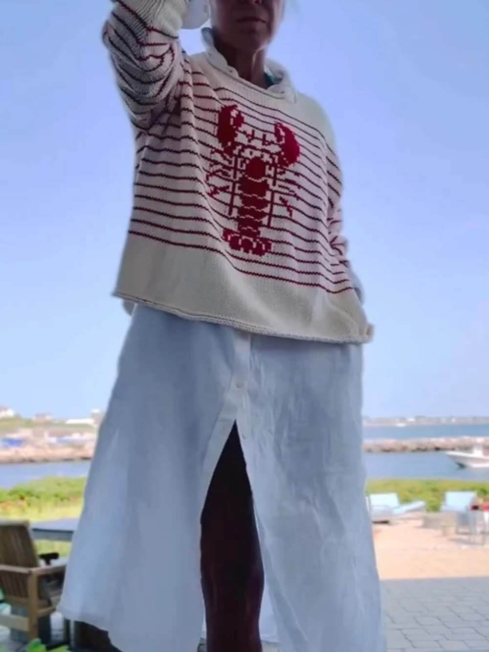 Retro Cream And Red Striped Lobster Sweater