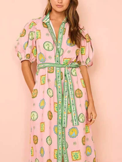 Unique Linen Graffiti Print Lantern Sleeve Maxi Dress
