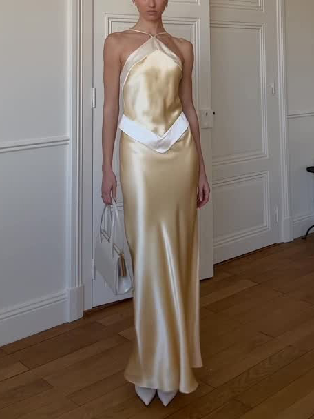 Elegant Satin Halter Neck Color-Block Maxi Dress