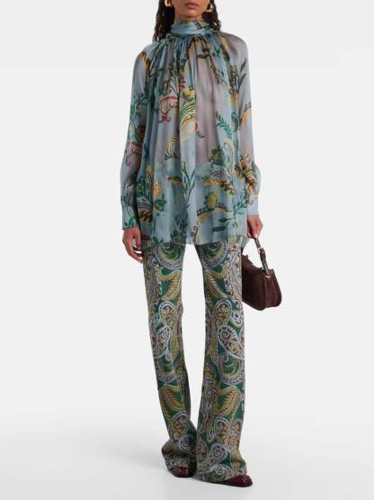 Exquisite Ethnic Print High-Waist Slim Straight Pants