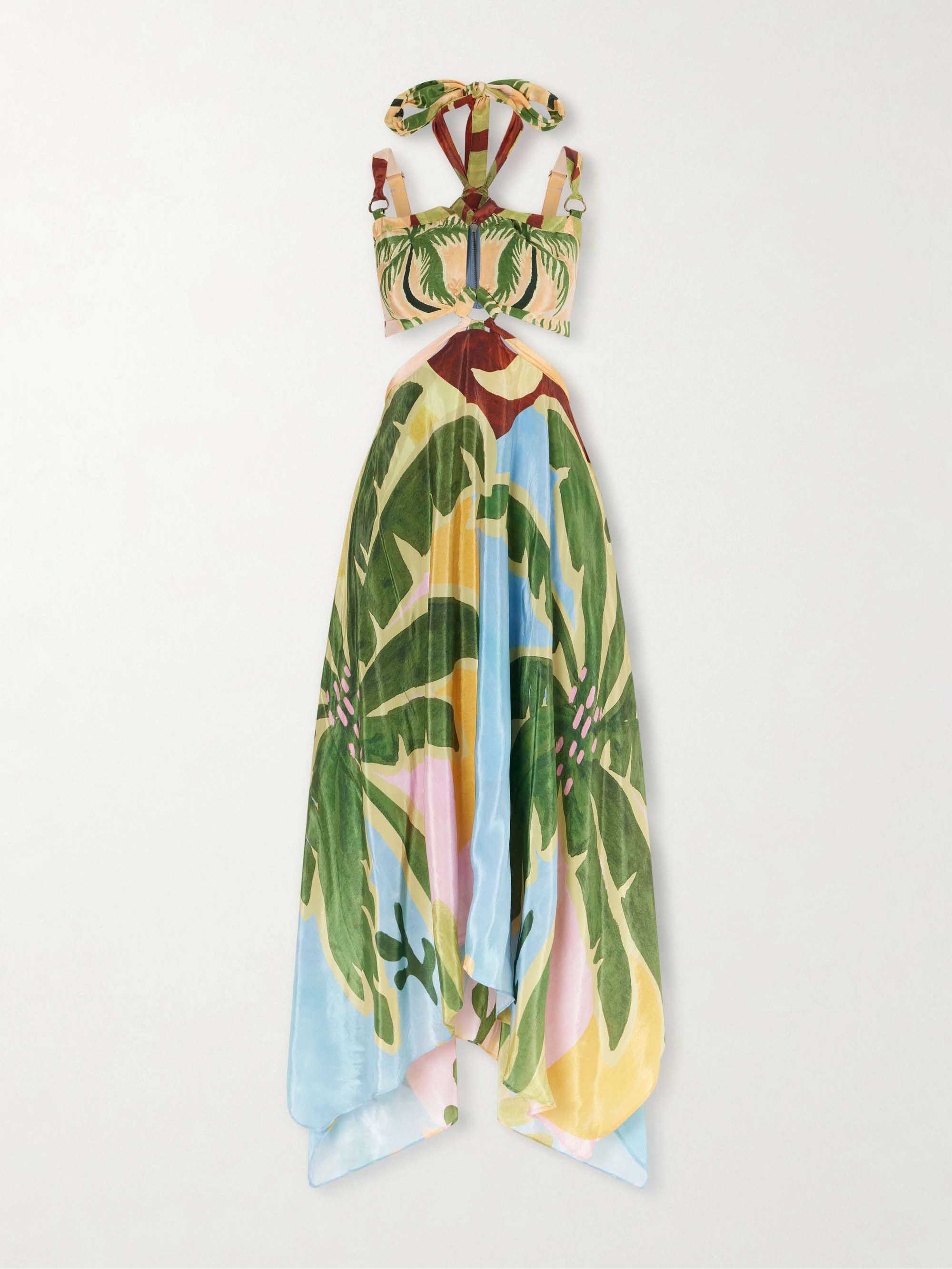 Tropical Leaf Print Cutout Halter Asymmetrical Maxi Dress