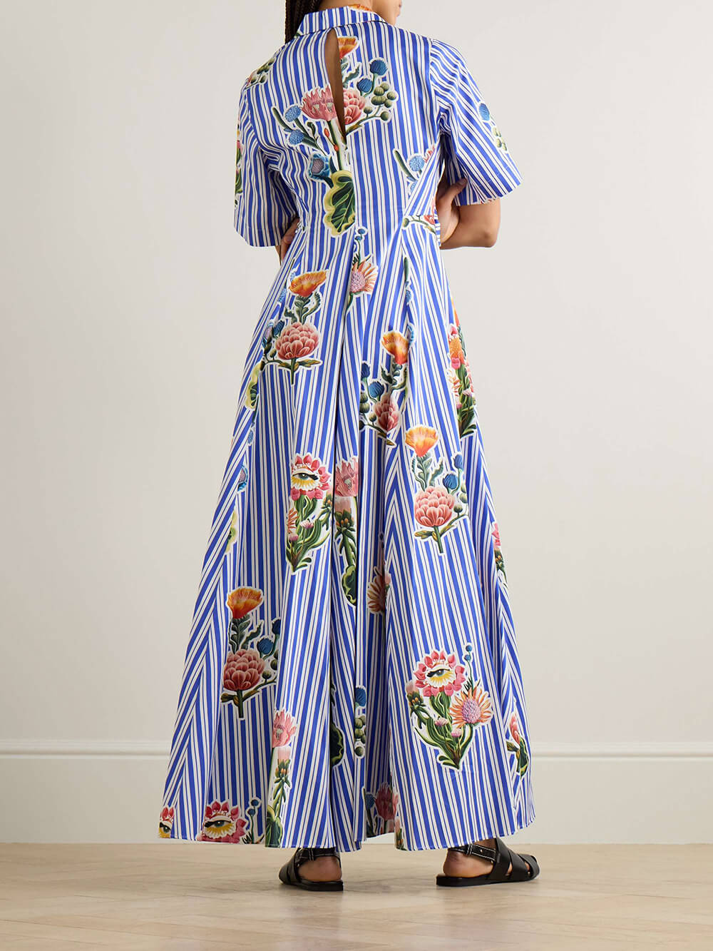 Classic Striped Floral Print Collared Belted Shirt Maxi Dress