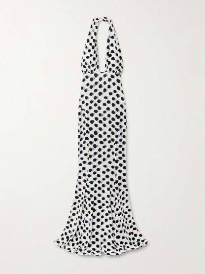Elegant Cutout Polka Dot Print Stretch Halter Maxi Dress