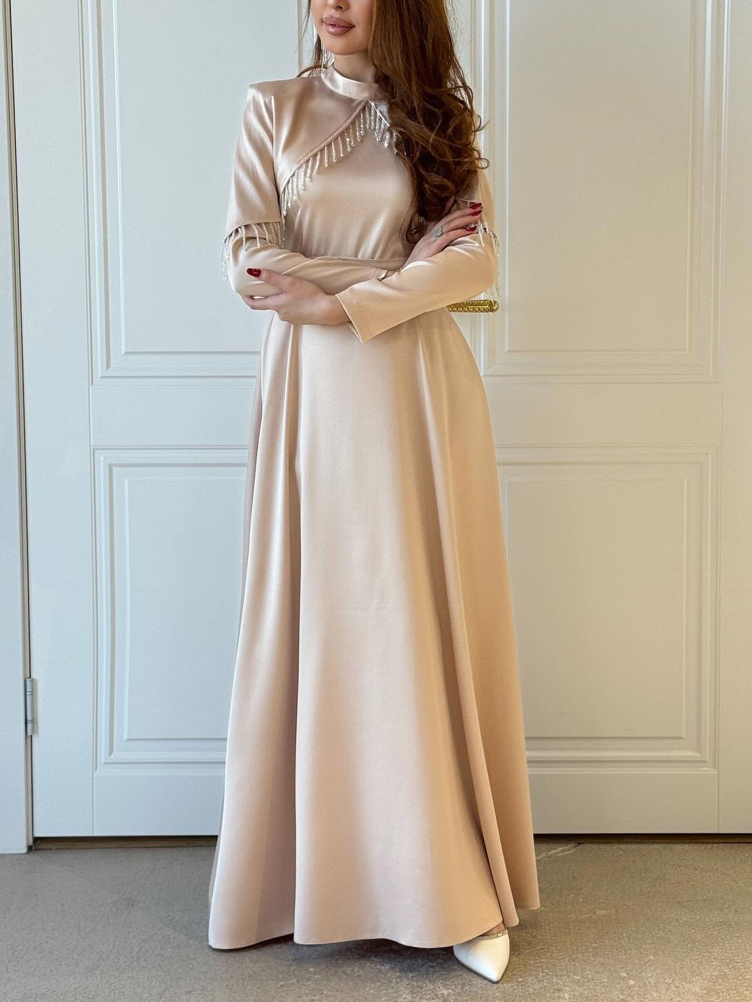 Elegant Satin Cape-Detail Long-Sleeve Maxi Dress