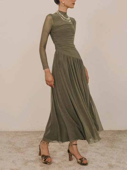 Elegant Pleated Mesh Long-sleeved Maxi Dress