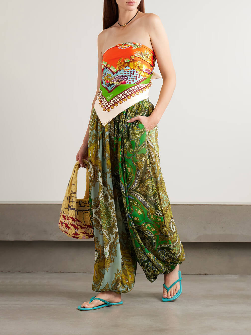 Casual Unique Floral Print Satin Elastic-Waist Lantern Pants