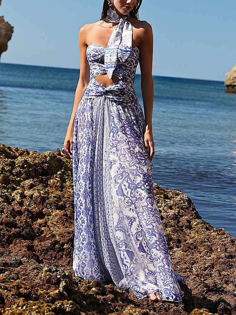 Elegant Blue Porcelain Print Cutout Maxi Dress