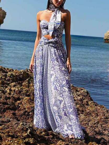 Elegant Blue Porcelain Print Cutout Maxi Dress