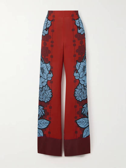 Unique Color-Block Floral Print Satin Piped Pocket Pants