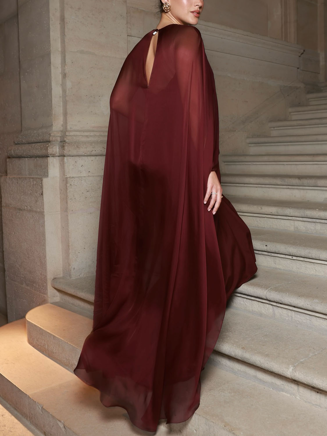 Elegant Sheer Cape Maxi Dress