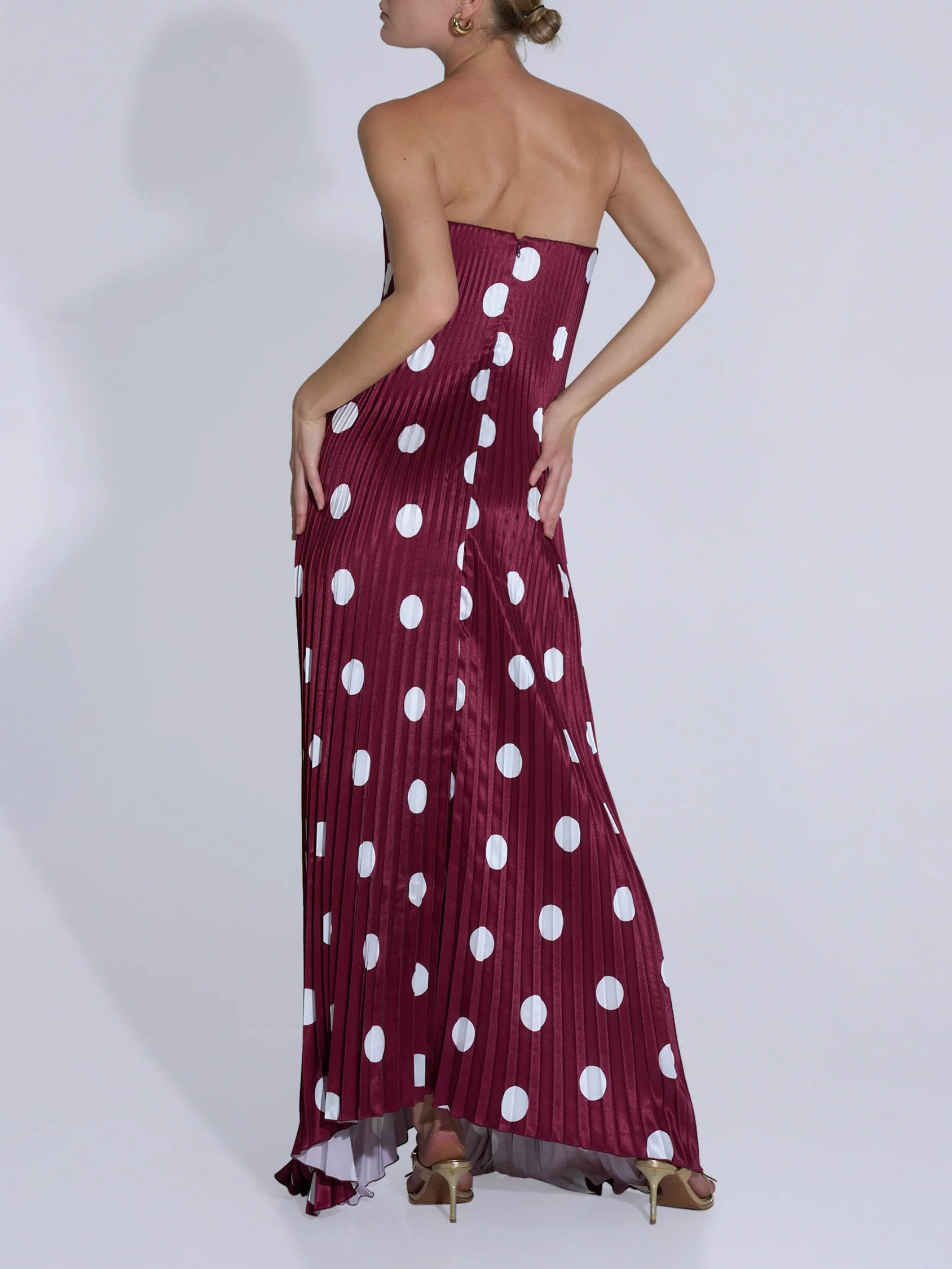 Elegant Strapless Polka Dot Print Pleated Maxi Dress