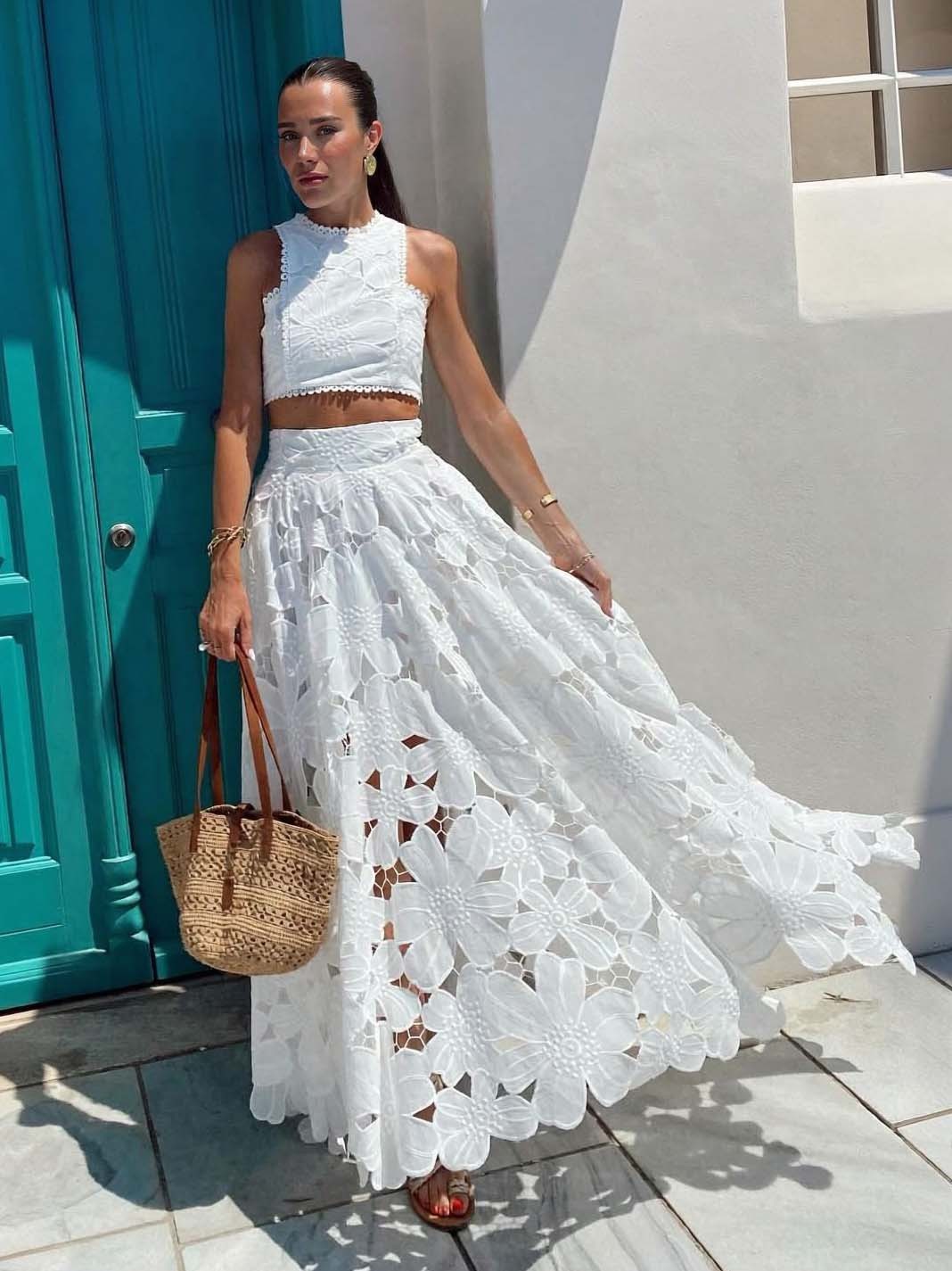 Elegant Openwork Floral Lace Short Vest Two-piece Set