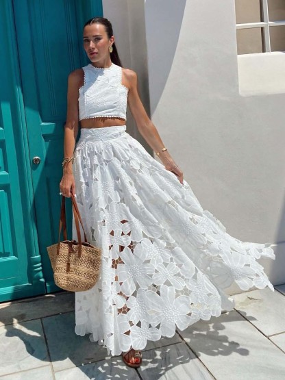 Elegant Openwork Floral Lace Short Vest Two-piece Set