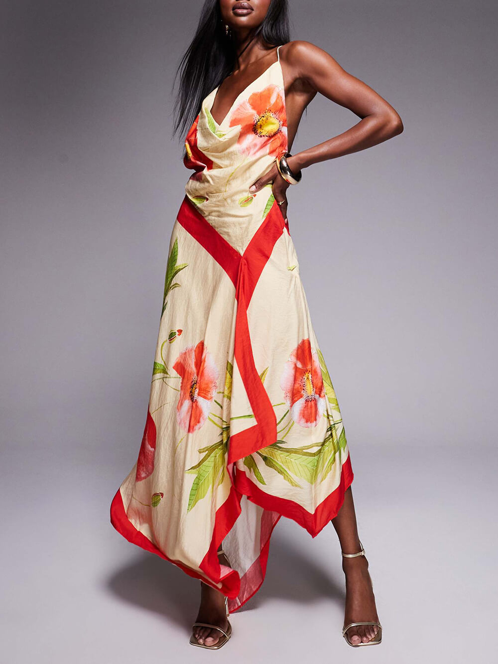 Elegant Unique Print Deep Pleated Asymmetric Backless Maxi Dress