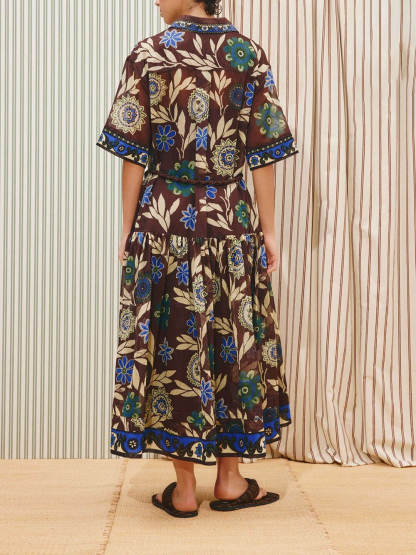 Retro Print Button-Front With Braided Rope Belt Maxi Shirtdress