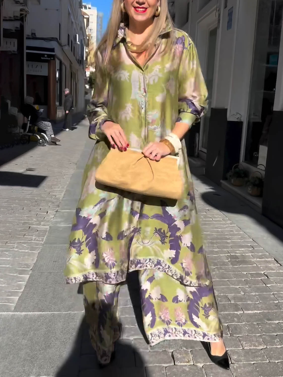 Exquisite Satin Floral Print Button-down Two-piece Set